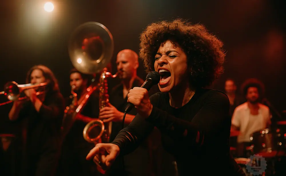 Singer with afro performs with a band playing brass instruments in a dimly lit room.