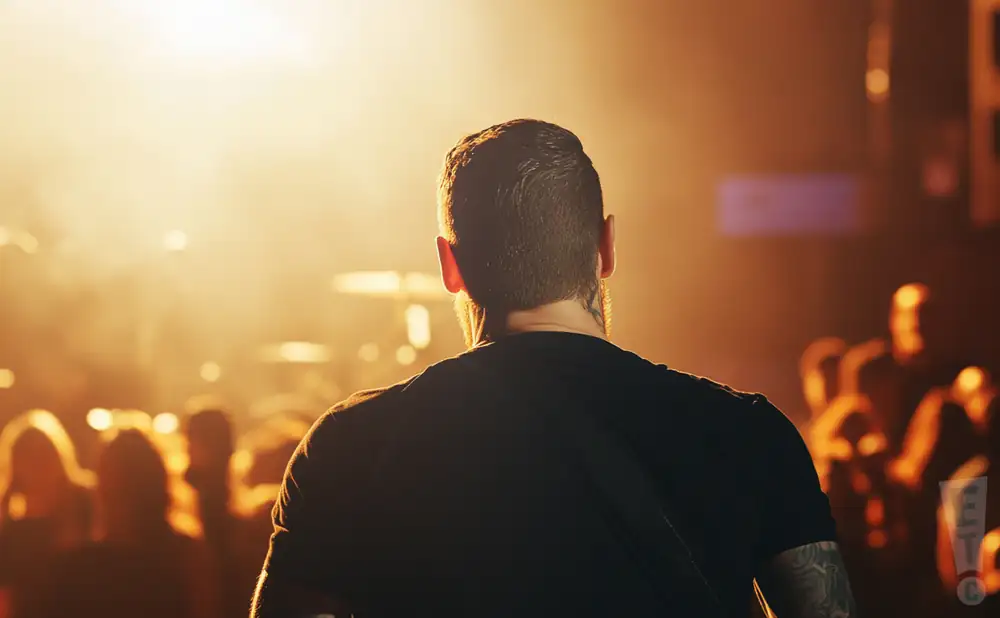 a rear view photo of brent smith performing a concert on stage to a lively audience