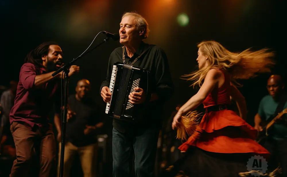 Man plays accordion on stage while a woman in a red dress dances and another man sings.