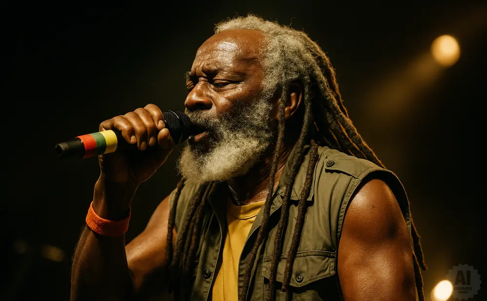 Man with dreadlocks and beard sings into a microphone, illuminated by stage lights.