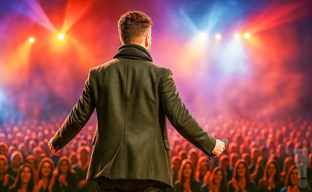 a rear view photo of calum scott performing a concert on stage to a lively audience