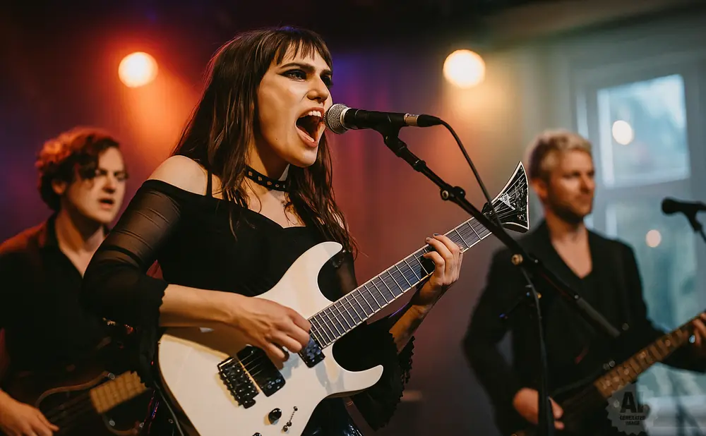 A woman sings and plays a white electric guitar while two men play guitars behind her on stage.