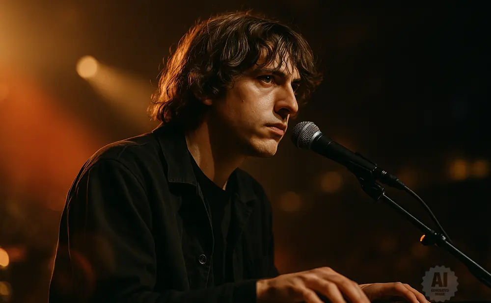 A man with curly brown hair plays a keyboard and sings into a microphone under warm stage lighting.