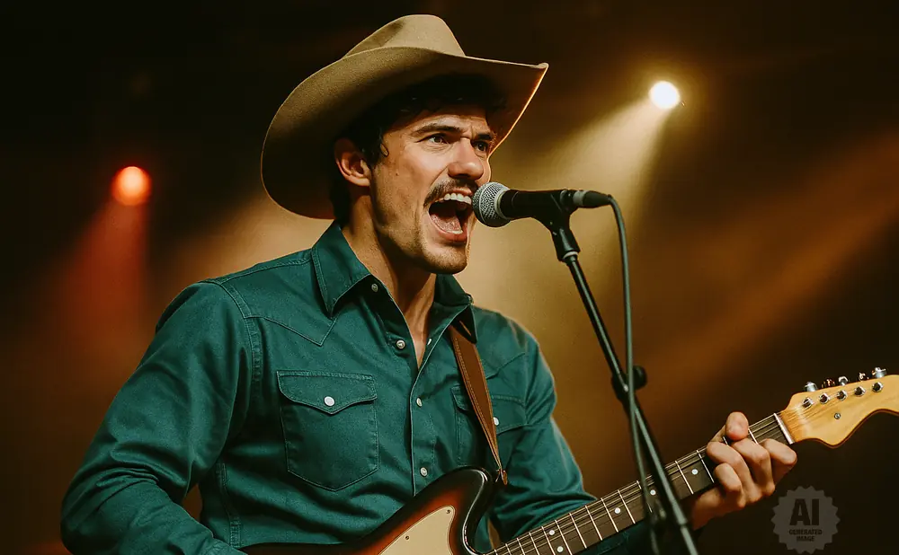 Man wearing a cowboy hat and a teal shirt sings into a microphone while playing a guitar on stage.