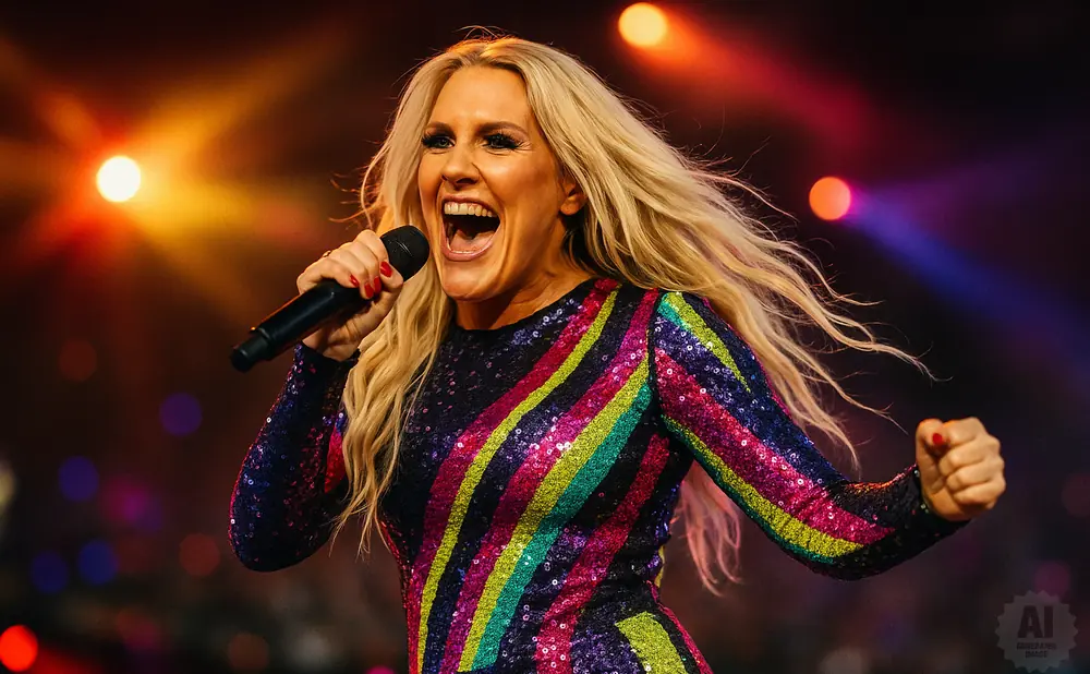 A blonde woman in a sparkly, striped dress sings into a microphone on a brightly lit stage.