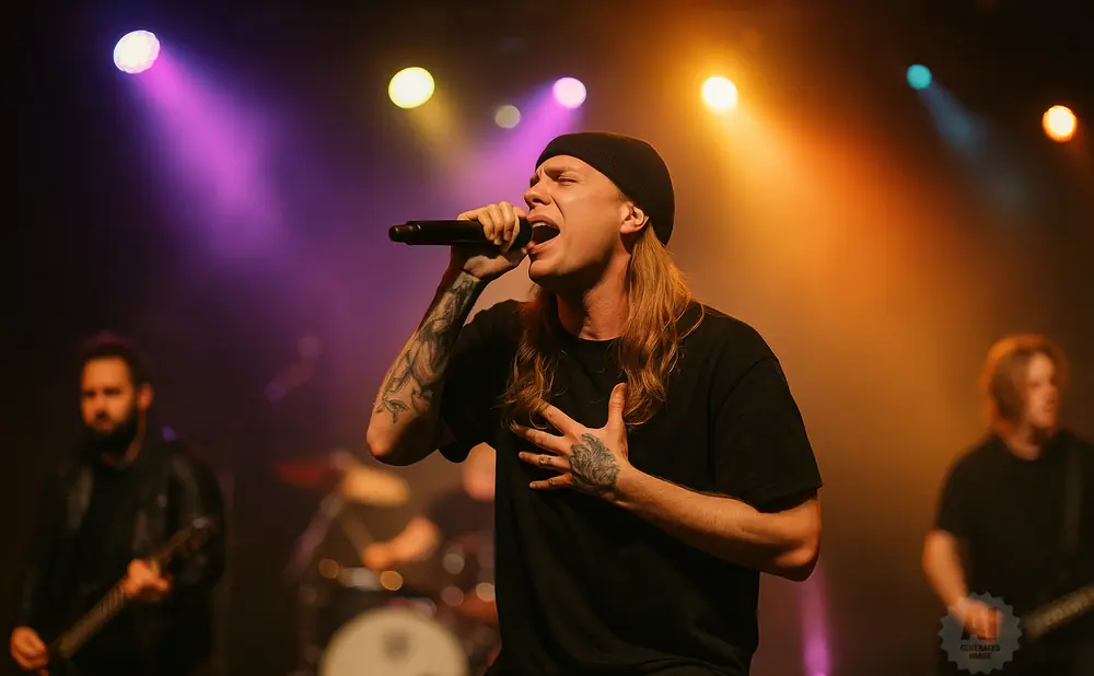 A male singer with blonde hair and tattoos performs on stage with a microphone and hand on his chest, under purple and orange lights.