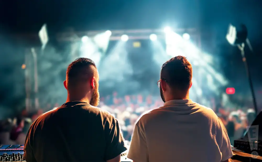 a rear view photo of catz n dogz performing a concert on stage to a lively audience