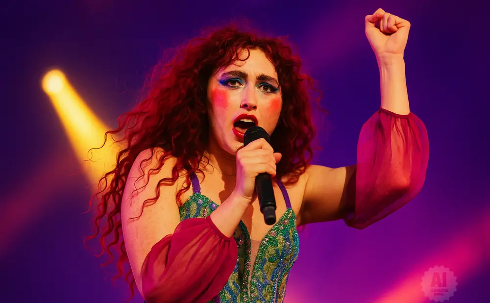 Singer with red curly hair, dramatic makeup, and a sparkly green outfit performs with a microphone, raising her fist.
