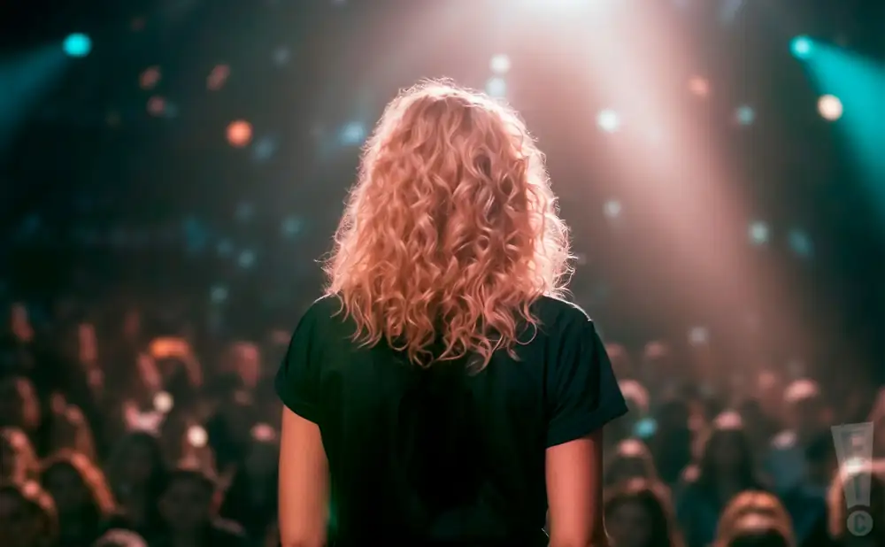 a rear view photograph of julia shapiro from the rock band chastity belt performing on stage in front of a large audience