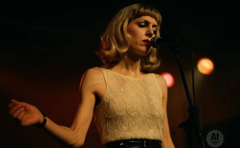 Singer with blonde hair and red lipstick performs into a microphone on a dark stage.