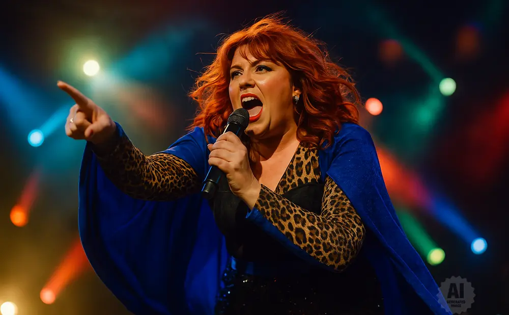 A singer with red hair and a leopard print top, wearing a blue cape and singing into a microphone on a stage.