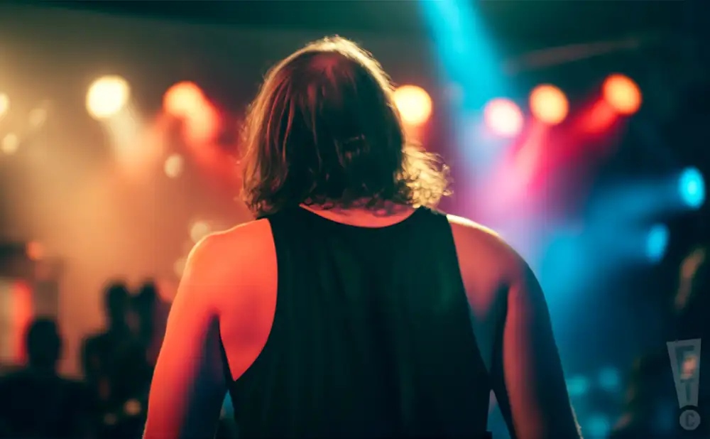 a rear view photo of color green performing a concert on stage to a lively audience