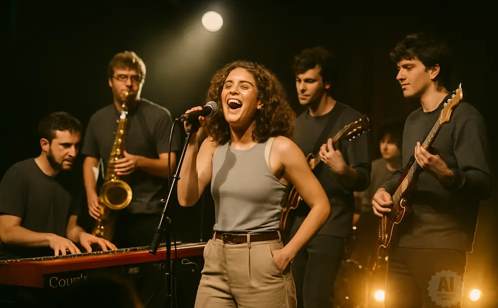 A band performs on stage with a singer in the foreground, a saxophonist and keyboardist to the left, and two guitarists to the right.