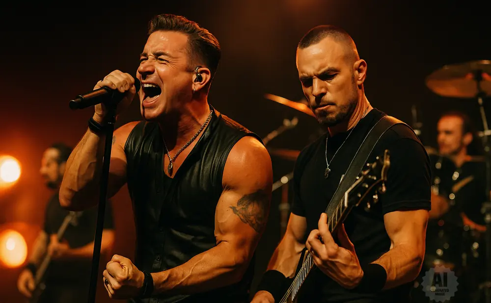 A lead singer belts into a microphone while a guitarist plays onstage with a band in the background.