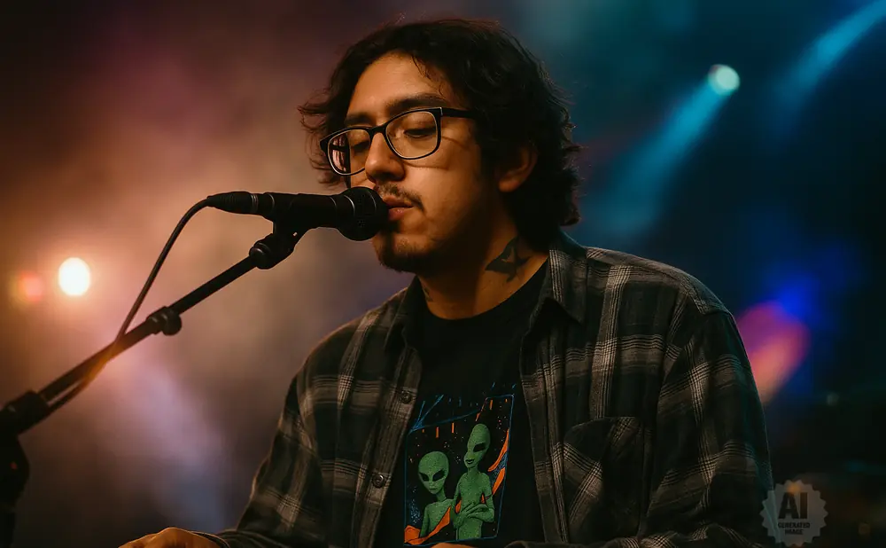 Musician with glasses and a plaid shirt plays a keyboard, singing into a microphone with an alien graphic t-shirt.