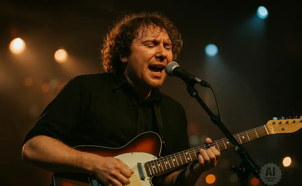 A male singer plays a sunburst electric guitar and sings into a microphone on stage.