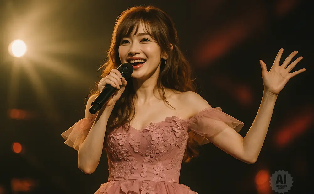 A woman in a pink dress sings into a microphone, with her left hand raised.