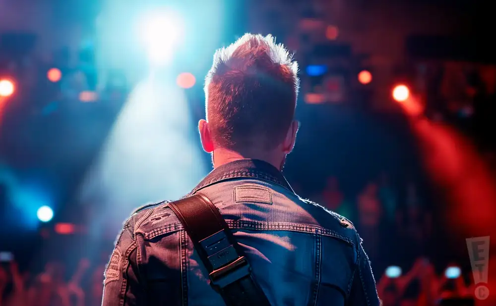 a rear view photo of david cook performing a concert on stage to a lively audience