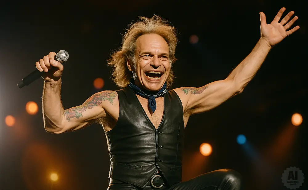 David Lee Roth, mid-performance, holds a microphone and raises his arms in excitement.