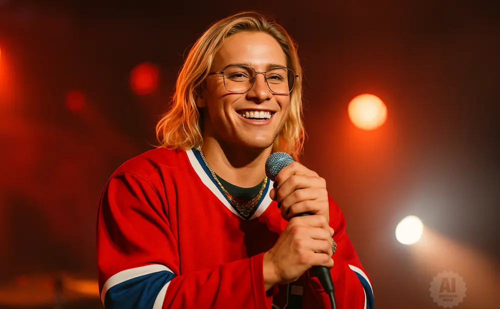 A smiling man with blonde hair, wearing glasses and a red jersey, holds a microphone on stage.