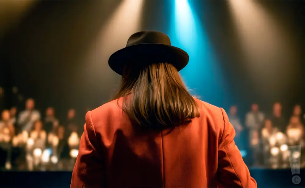 a rear view photo of departure performing a concert on stage to a lively audience