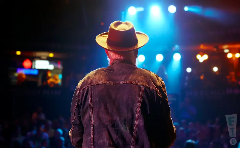 a rear view photo of derek st holmes performing a concert on stage to a lively audience