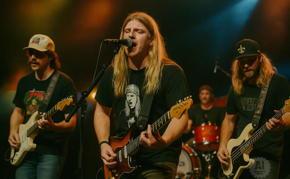 Band plays guitars on stage with singer in the middle.