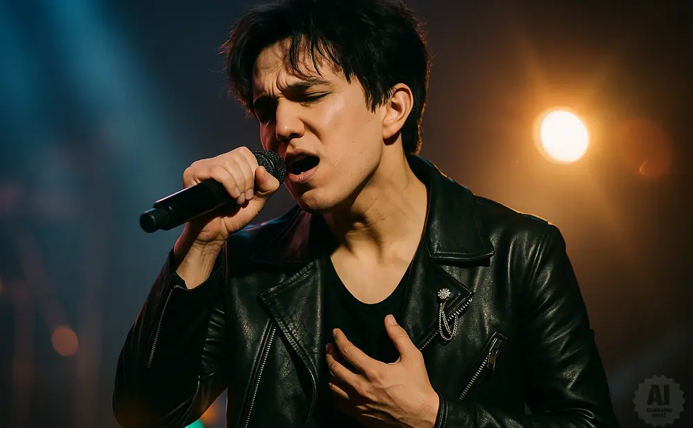 A young man in a black leather jacket sings into a microphone, his eyes closed.