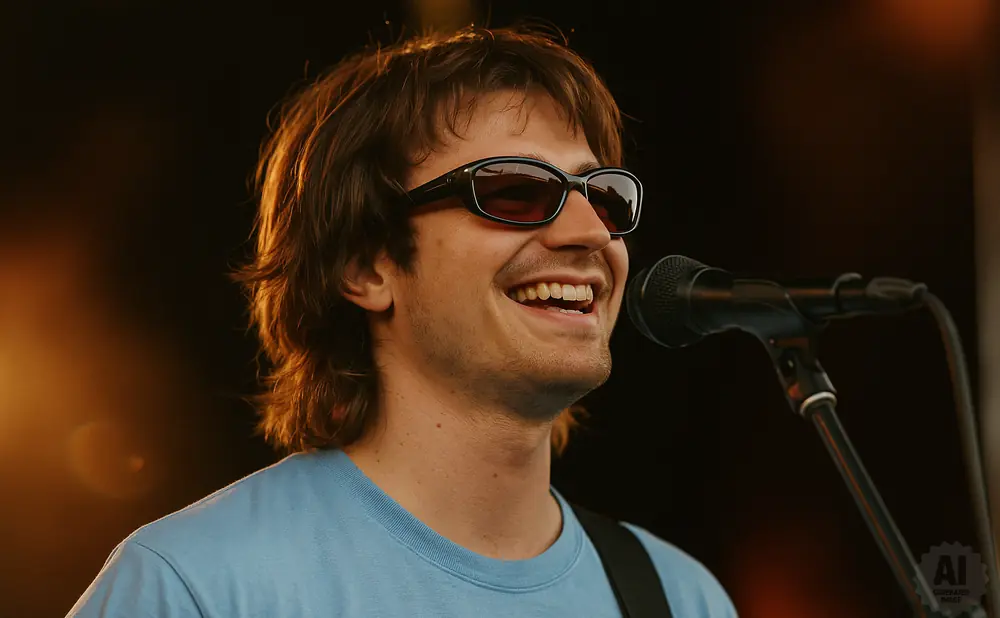 Musician wearing sunglasses and a blue shirt sings into a microphone.