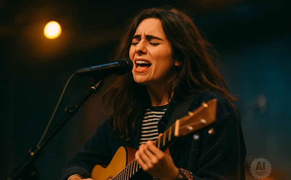 A woman with long, dark hair sings passionately into a microphone while playing an acoustic guitar.