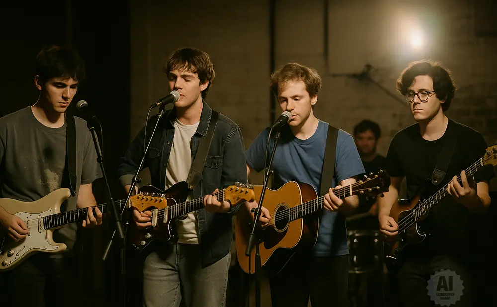Four young men play guitars and sing into microphones on a dimly lit stage.
