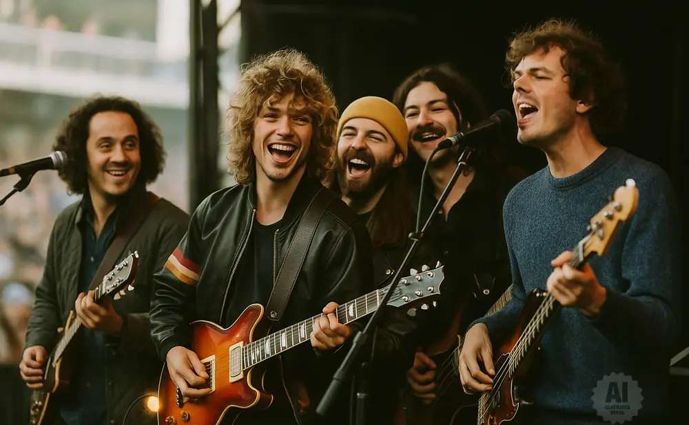 A band of five men playing guitars and singing on stage.