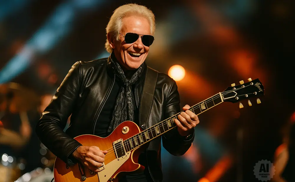 A smiling man in a leather jacket plays a red electric guitar on stage.