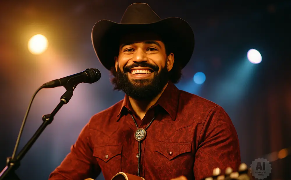 A man in a cowboy hat and red shirt smiles, playing a guitar next to a microphone on stage.