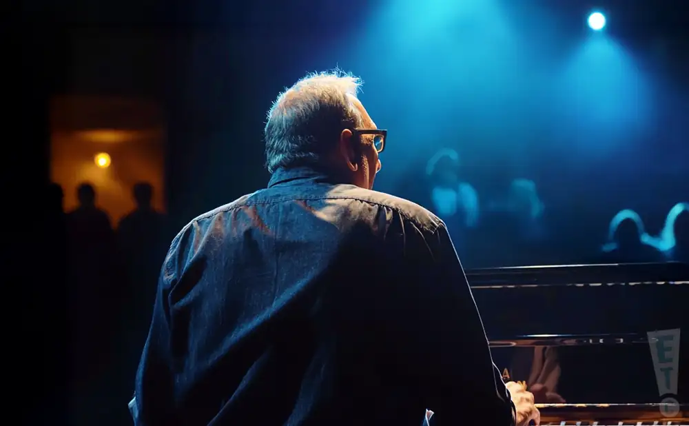 a rear view picture of musician donald fagen performing on stage