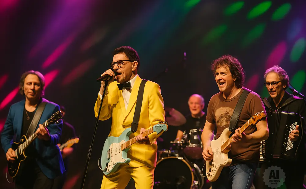 A band performs on stage with the lead singer in a yellow suit and a guitarist in a blue jacket.