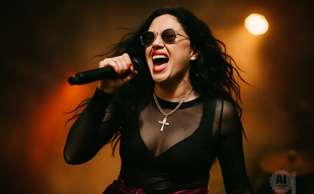 A female singer with long black hair, sunglasses, and a cross necklace sings into a microphone on stage.