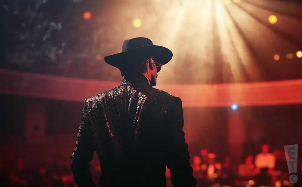 a rear view photo of draco rosa performing a concert on stage to a lively audience