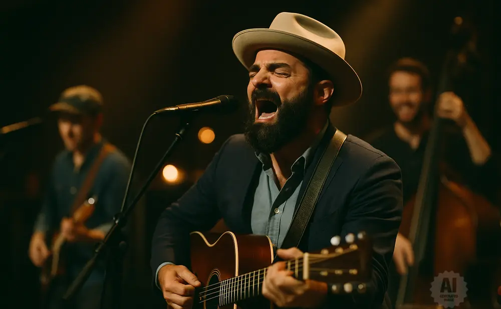Man in a hat sings and plays guitar on stage with a bassist behind him.