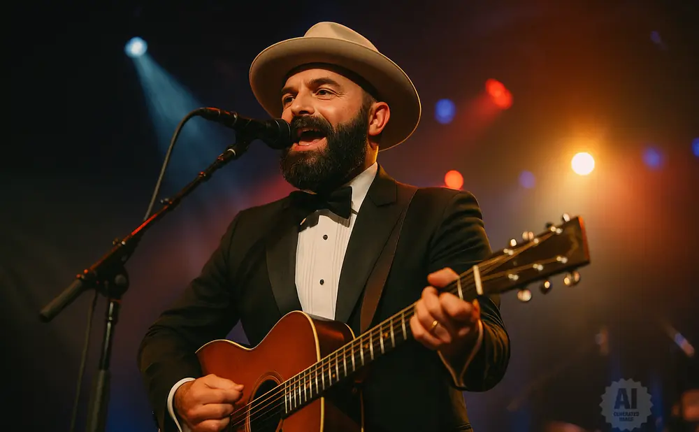 A man in a suit and hat sings into a microphone while playing an acoustic guitar on stage, illuminated by spotlights.