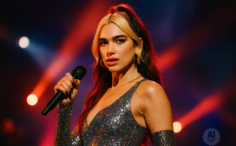 Singer Dua Lipa in a sparkly top holds a microphone onstage, illuminated by red and blue lights.