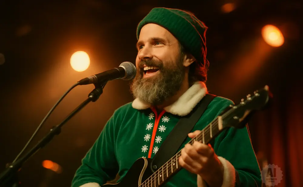 Man in a green elf costume and hat plays guitar and sings into a microphone under warm stage lights.