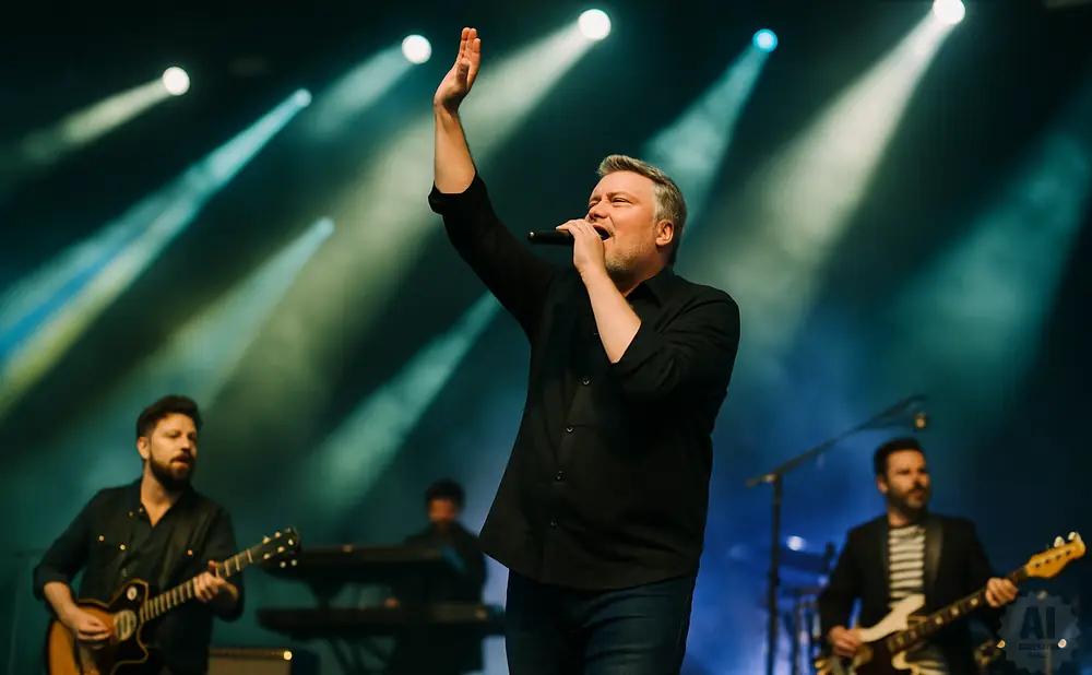 A lead singer performs with a microphone while bandmates play guitar and keyboards on a stage with bright lights.