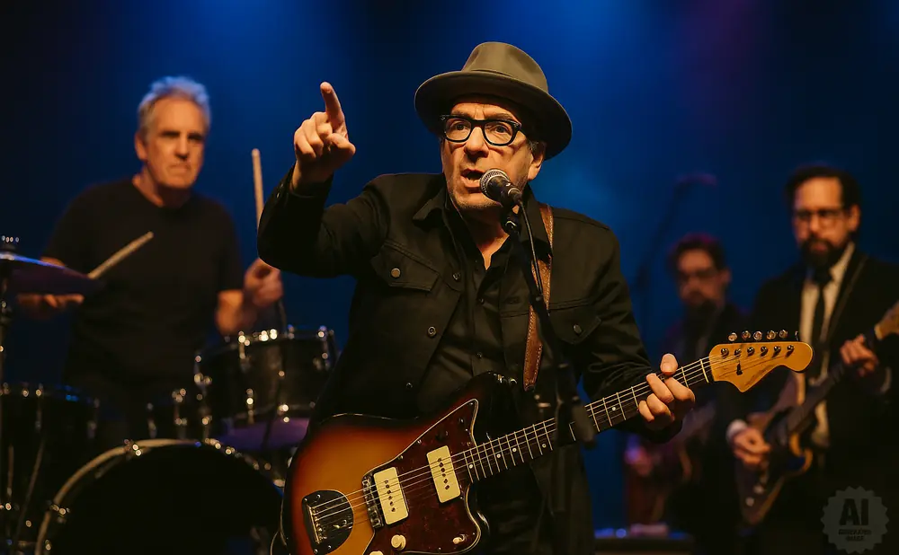 A man in a hat and glasses sings and plays a guitar on stage.