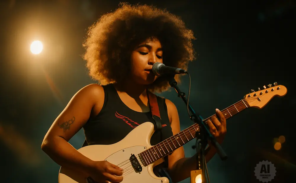 A woman with an afro plays a cream-colored electric guitar and sings into a microphone on stage.