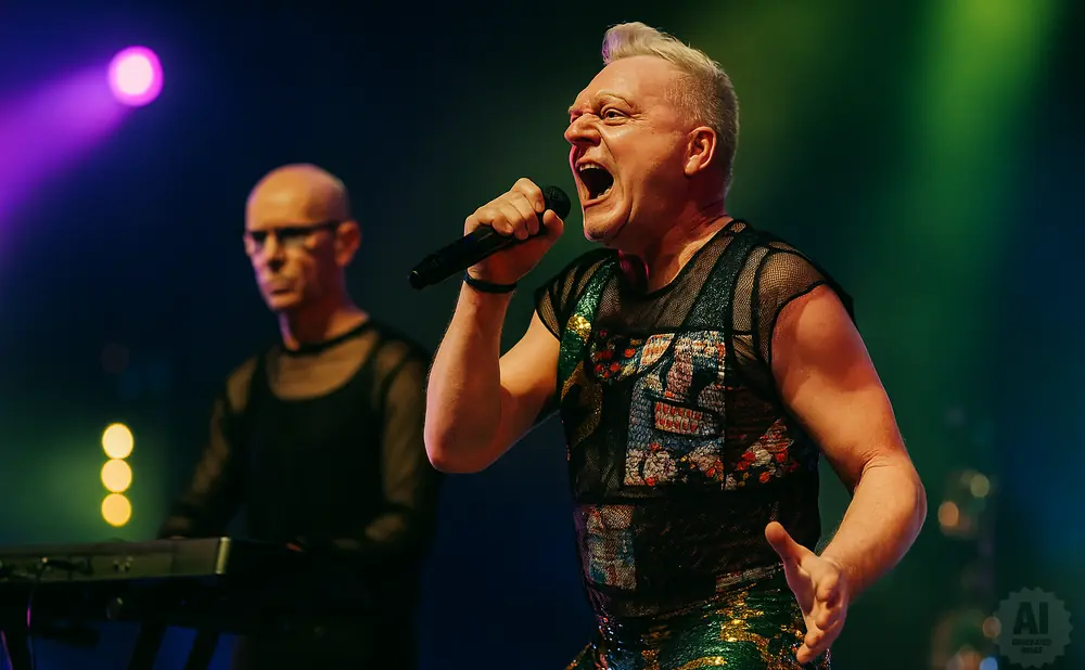 Singer performing on stage wearing a mesh top and sparkly shorts, with another band member in the background.