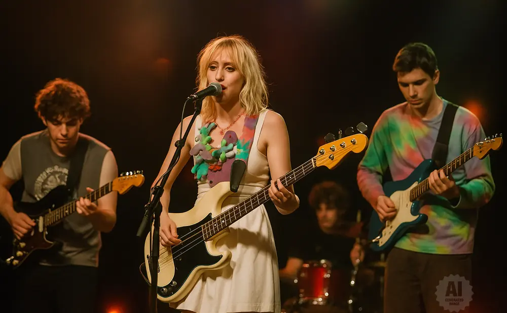 A band plays music on stage. The lead singer is in the middle, singing into a microphone and playing a bass guitar.