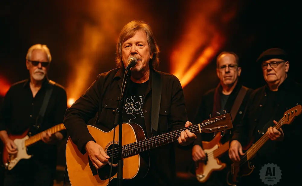 A band performs on stage with the lead singer playing an acoustic guitar and singing into a microphone.