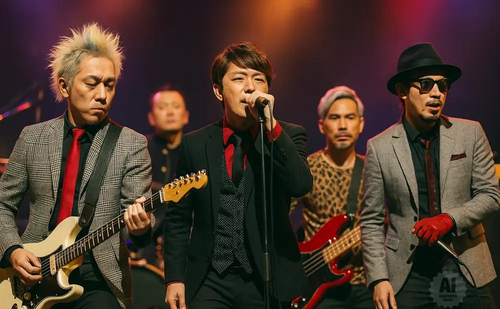 A band performs on stage, with one member singing into a microphone and others playing guitars.