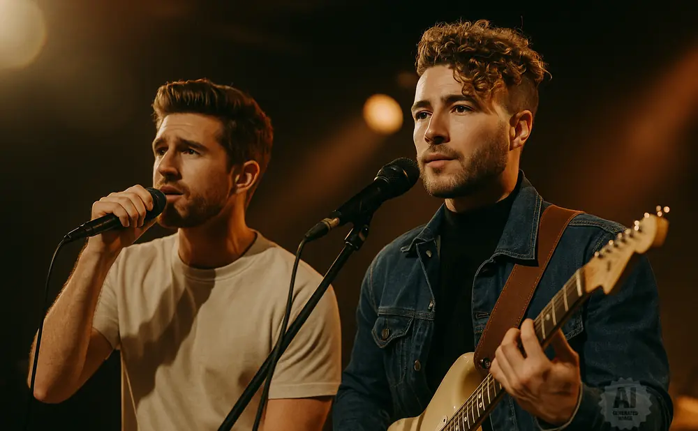 Two men singing and playing guitar on stage